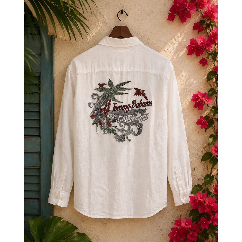 Tommy Bahama Mens XLT 100% Linen Embroidered Back Button Down Shirt White NWOT - Picture 2 of 12